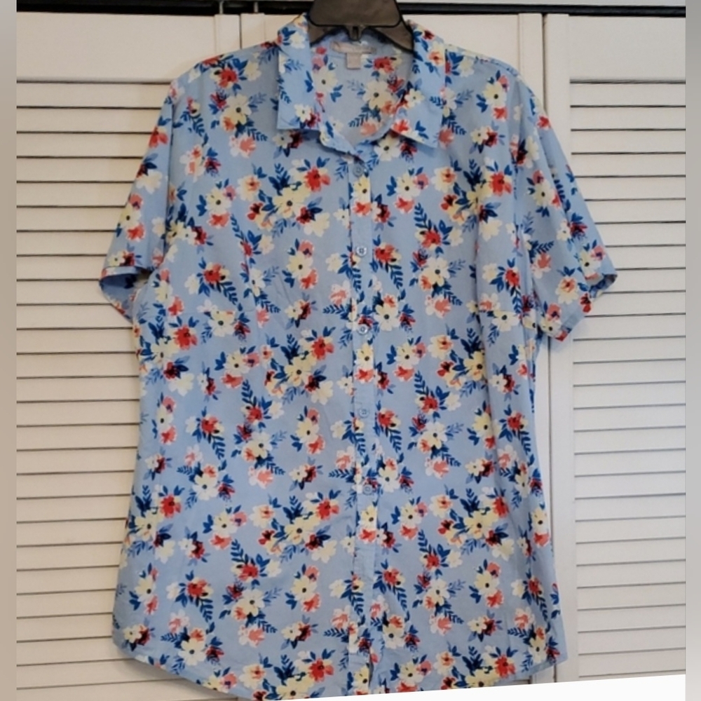 Woman Within 100% Cotton Floral Shirt Button Up Top, Size 1X